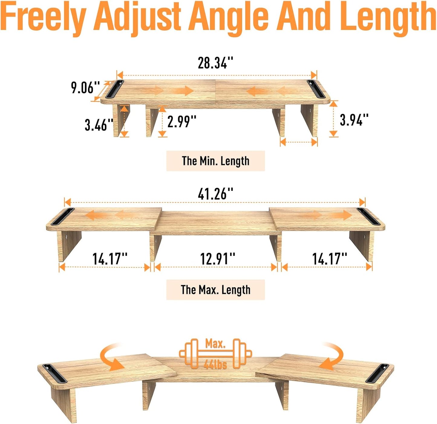 Dual Monitor Stand, Wood Monitor Stand with Adjustable Length and Angle, Computer Monitor Stand for Desk, 3 Shelf Monitor Riser, Desktop Organizer for PC, Computer, Laptop (Oak)