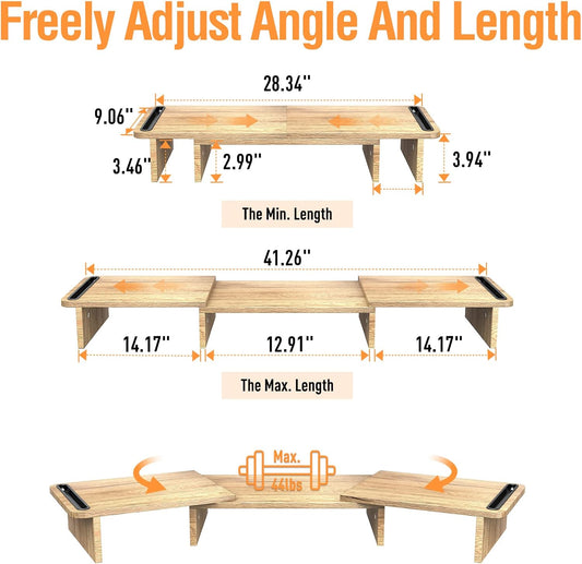 Dual Monitor Stand, Wood Monitor Stand with Adjustable Length and Angle, Computer Monitor Stand for Desk, 3 Shelf Monitor Riser, Desktop Organizer for PC, Computer, Laptop (Oak)