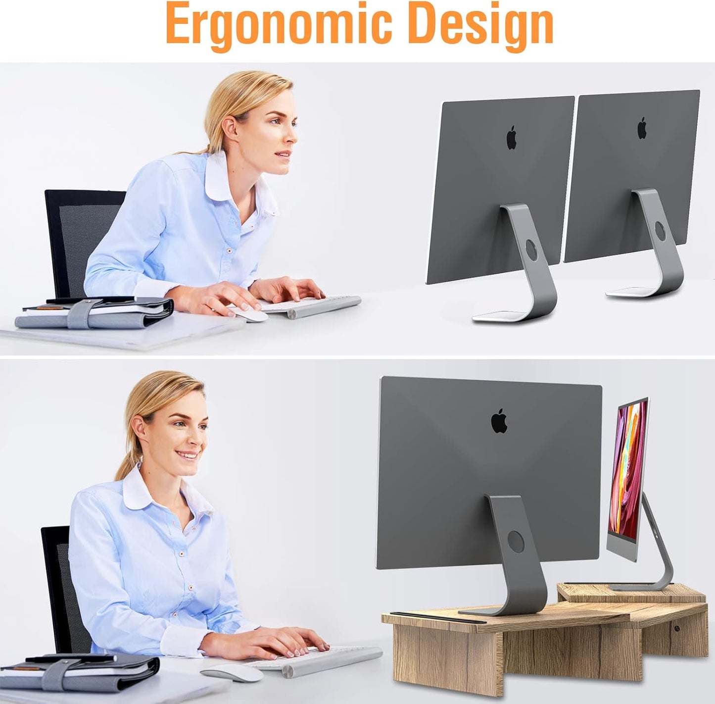 Dual Monitor Stand, Wood Monitor Stand with Adjustable Length and Angle, Computer Monitor Stand for Desk, 3 Shelf Monitor Riser, Desktop Organizer for PC, Computer, Laptop (Oak)