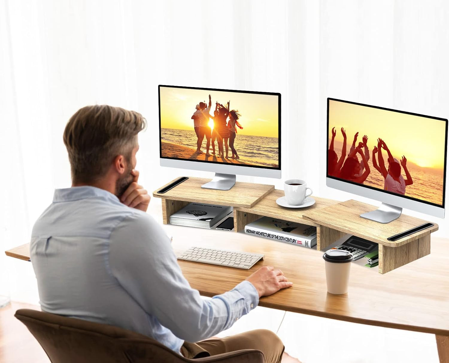 Dual Monitor Stand, Wood Monitor Stand with Adjustable Length and Angle, Computer Monitor Stand for Desk, 3 Shelf Monitor Riser, Desktop Organizer for PC, Computer, Laptop (Oak)