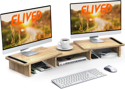 Dual Monitor Stand, Wood Monitor Stand with Adjustable Length and Angle, Computer Monitor Stand for Desk, 3 Shelf Monitor Riser, Desktop Organizer for PC, Computer, Laptop (Oak)