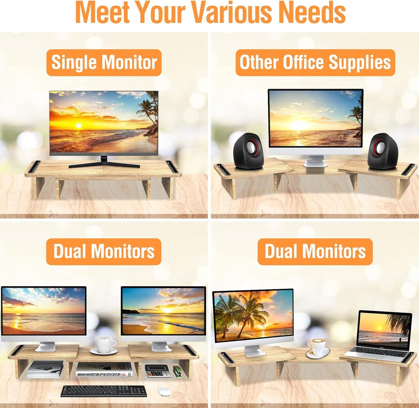 Dual Monitor Stand, Wood Monitor Stand with Adjustable Length and Angle, Computer Monitor Stand for Desk, 3 Shelf Monitor Riser, Desktop Organizer for PC, Computer, Laptop (Oak)
